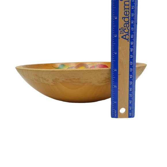 Vintage Wooden Salad Bowl Utensils Cherries Pear Apple Plums Hand Painted Oval - Picture 11 of 11